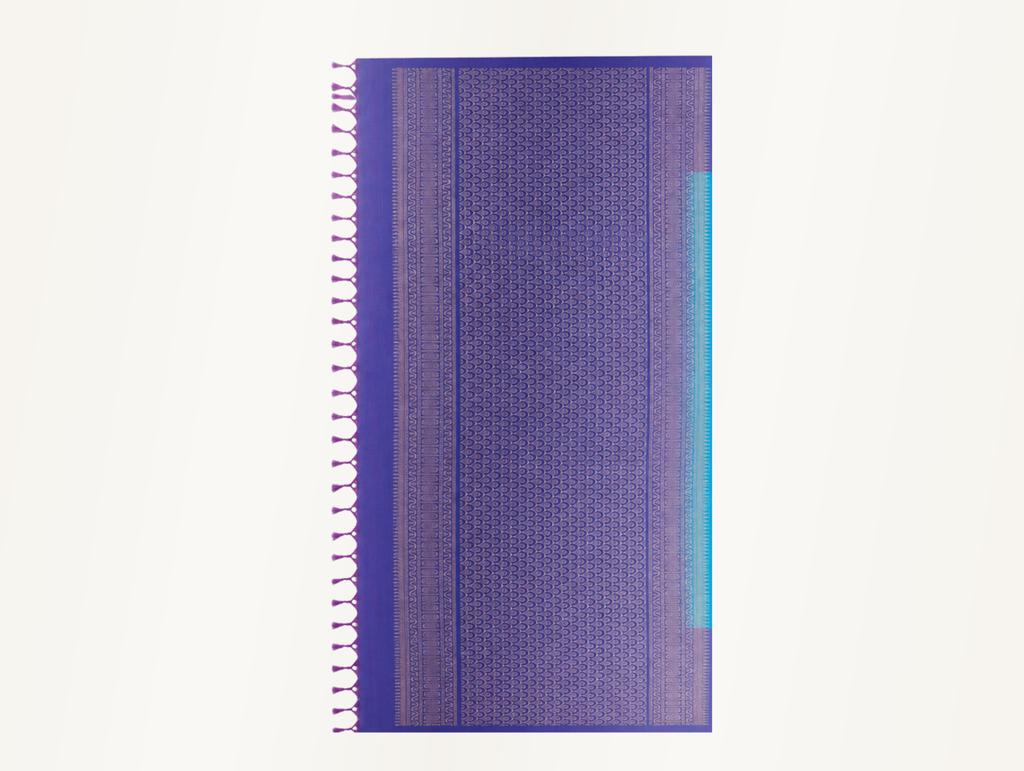 Close detail of the violet woven pallu and short violet tassels on the Aruvi saree.