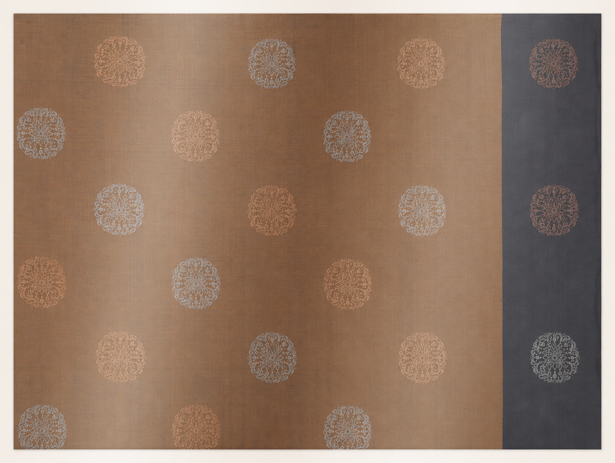 Deepam antique copper pure silk saree body with alternating silver and copper floral medallions and charcoal border