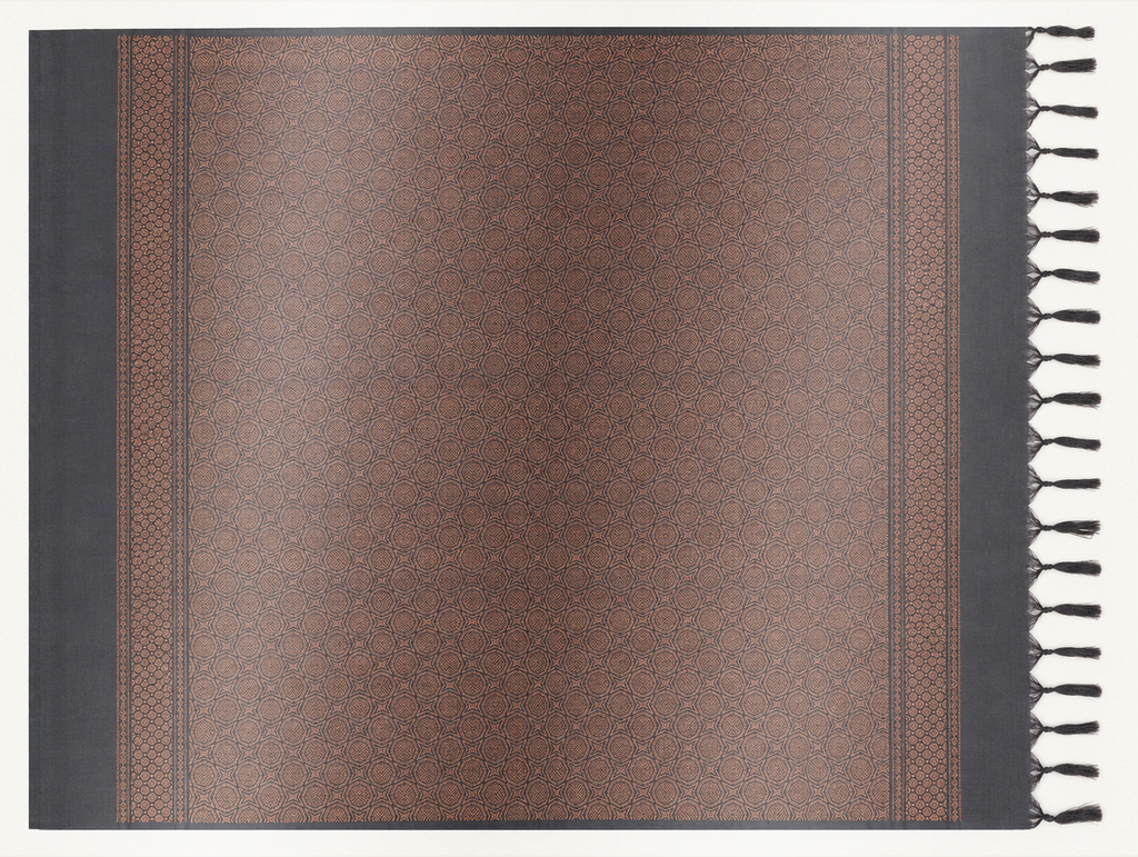 Deepam charcoal pallu with dense copper linked lattice, geometric woven borders and dark tassels