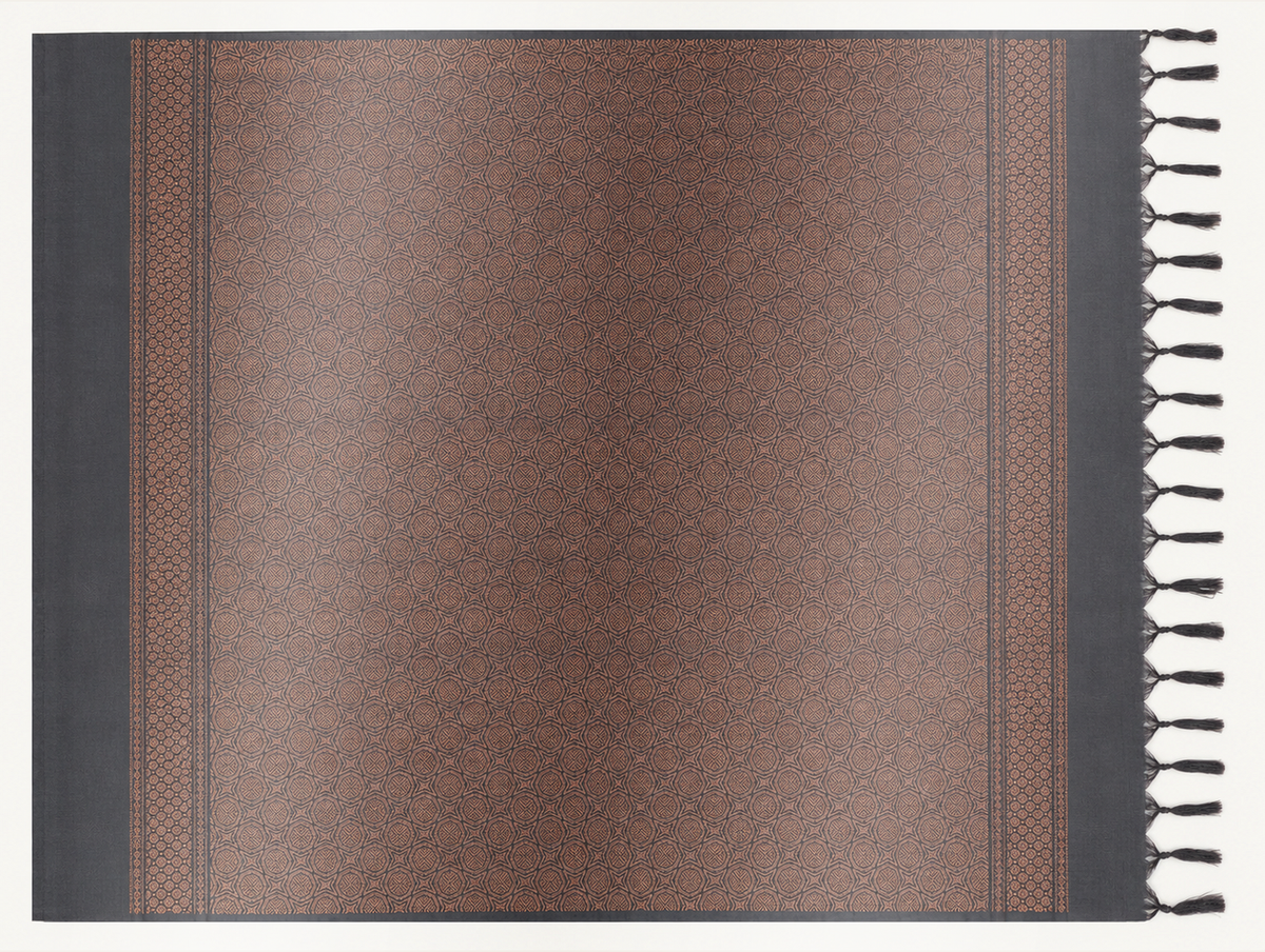 Deepam charcoal pallu with dense copper linked lattice, geometric woven borders and dark tassels
