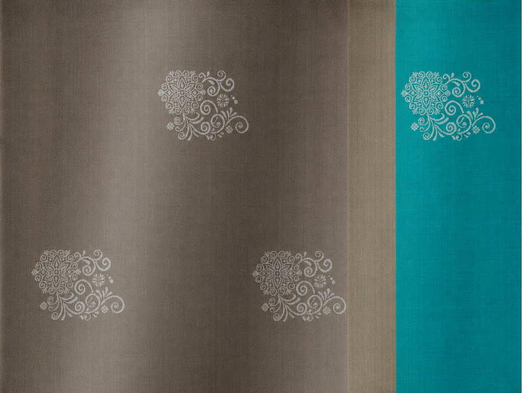 Kayal antique bronze pure silk saree body with silver scroll medallions and turquoise side panel
