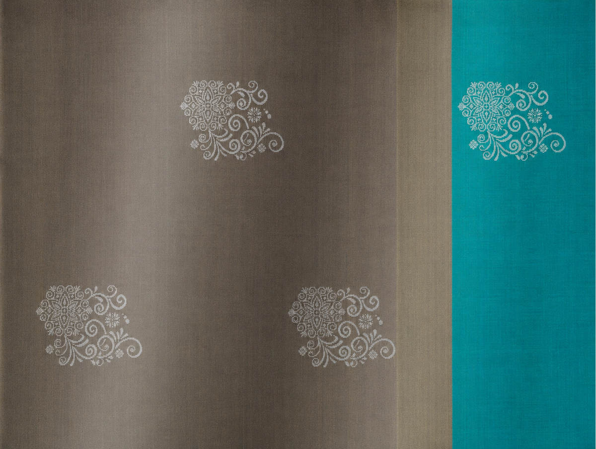 Kayal antique bronze pure silk saree body with silver scroll medallions and turquoise side panel