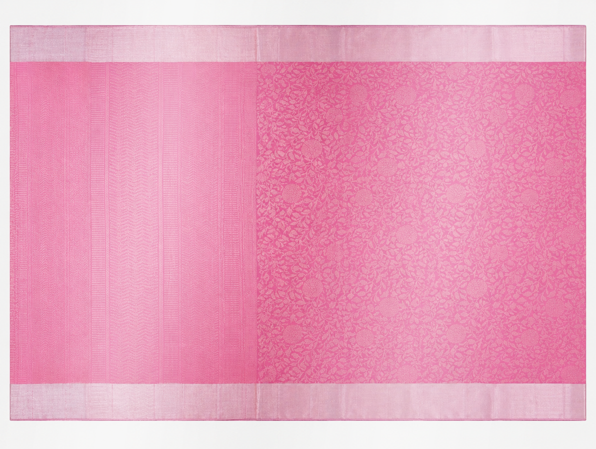 Malar rose pink and pearl pure silk saree showing the floral-vine body and linear woven pallu