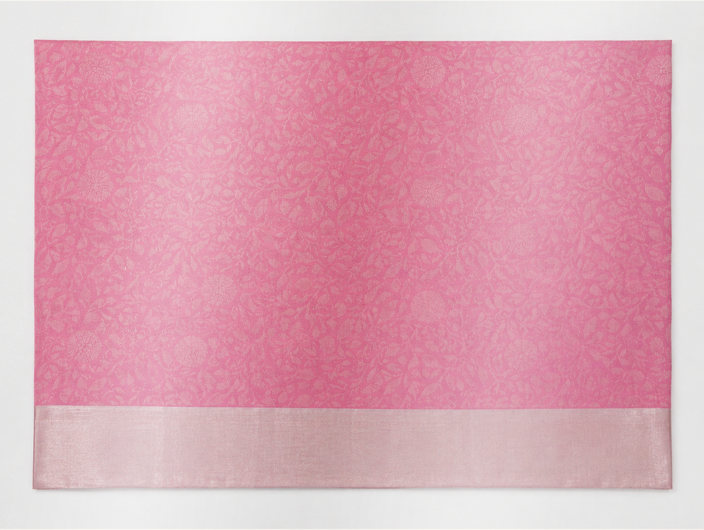 Close view of the Malar rose pink saree body with tonal floral-vine jacquard and pale blush-silver border