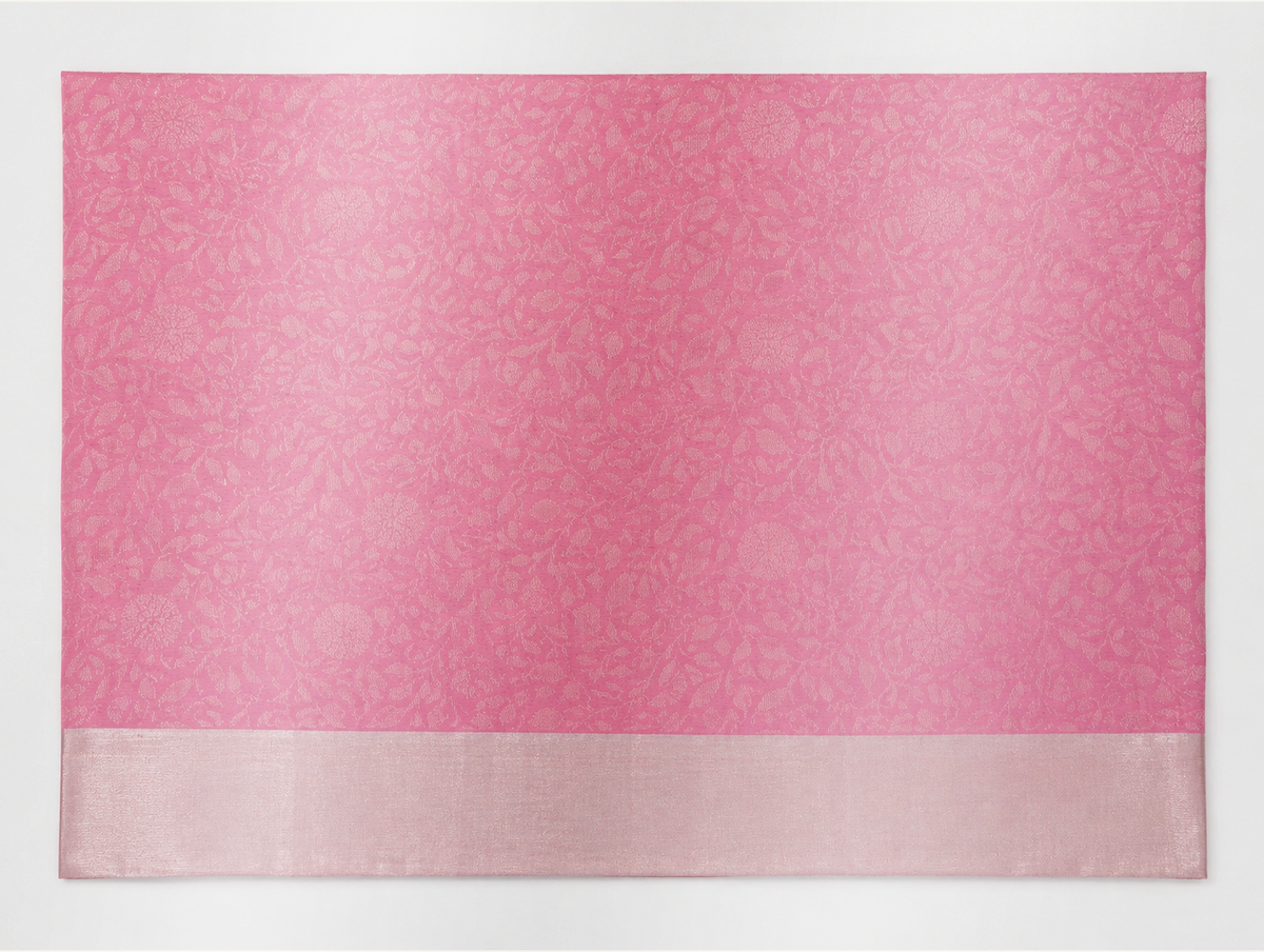 Close view of the Malar rose pink saree body with tonal floral-vine jacquard and pale blush-silver border