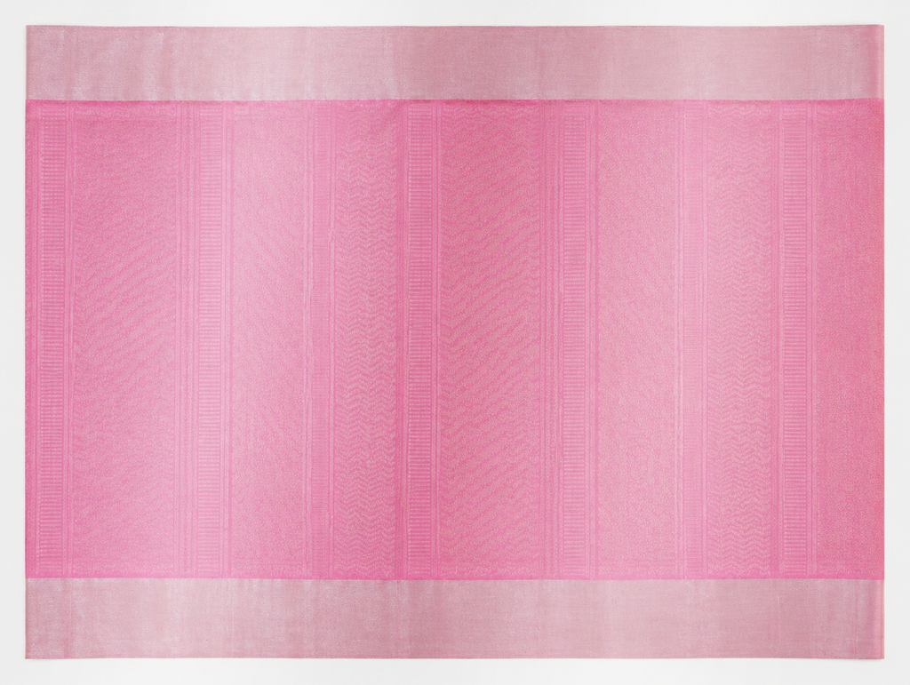 Close view of the Malar rose pink pallu with ladder chevron herringbone and fine woven bands