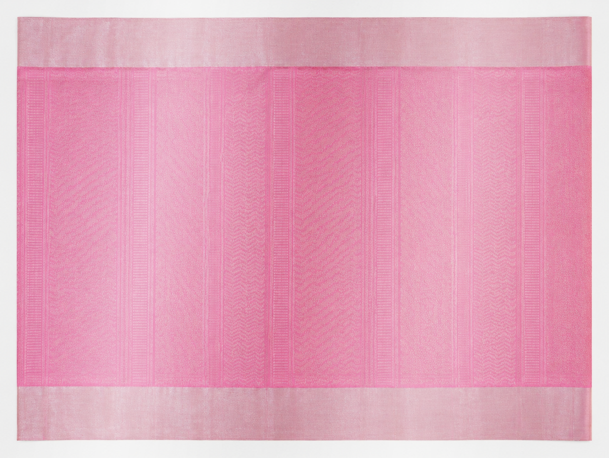 Close view of the Malar rose pink pallu with ladder chevron herringbone and fine woven bands