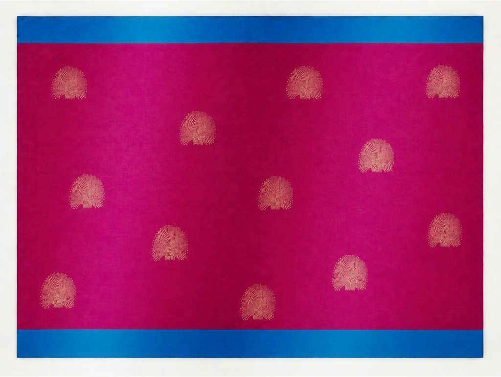 Mayil fuchsia pure silk saree body with spaced gold peacock-feather motifs and sky-blue border