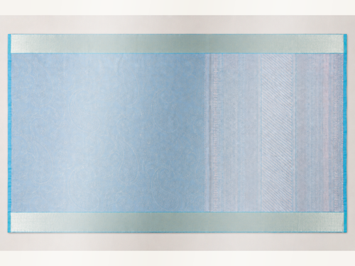 Thendral ice blue and silver pure silk saree showing the floral paisley body and geometric woven pallu
