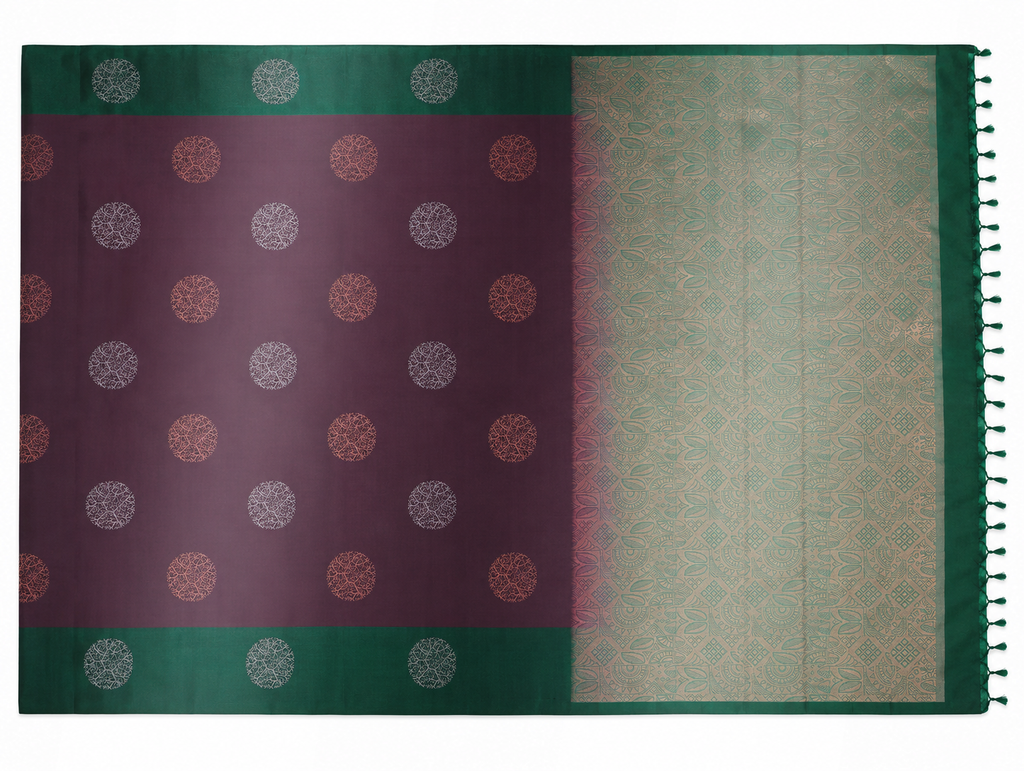 Thulasi deep plum and emerald pure silk saree showing circular woven medallion body and geometric pallu