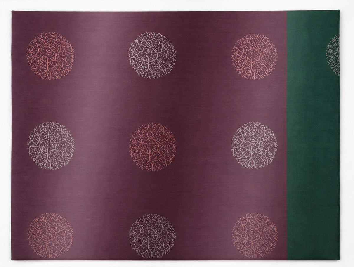 Thulasi deep plum pure silk saree body with alternating silver and copper circular branch medallions and emerald border
