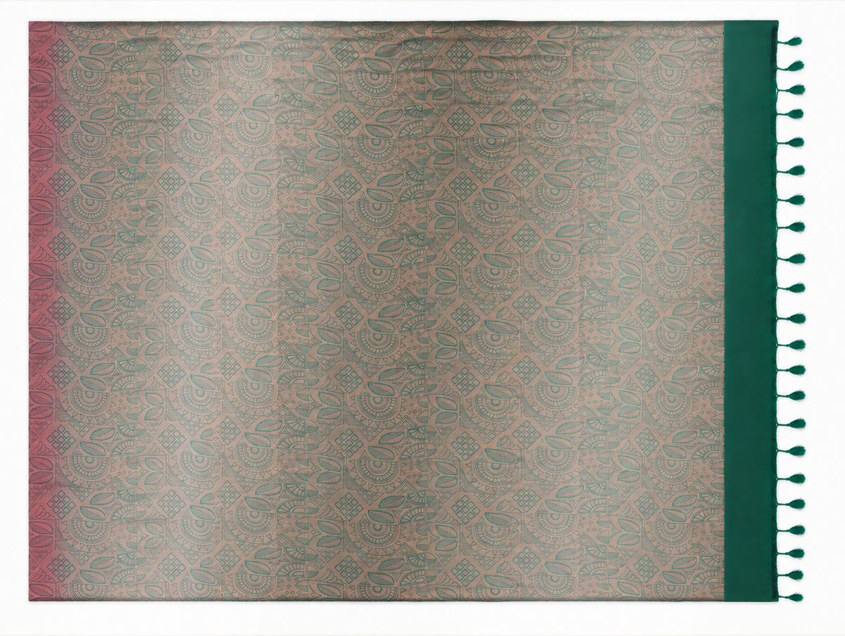 Thulasi metallic sage woven pallu with emerald folk-geometric motifs, green end border and short tassels
