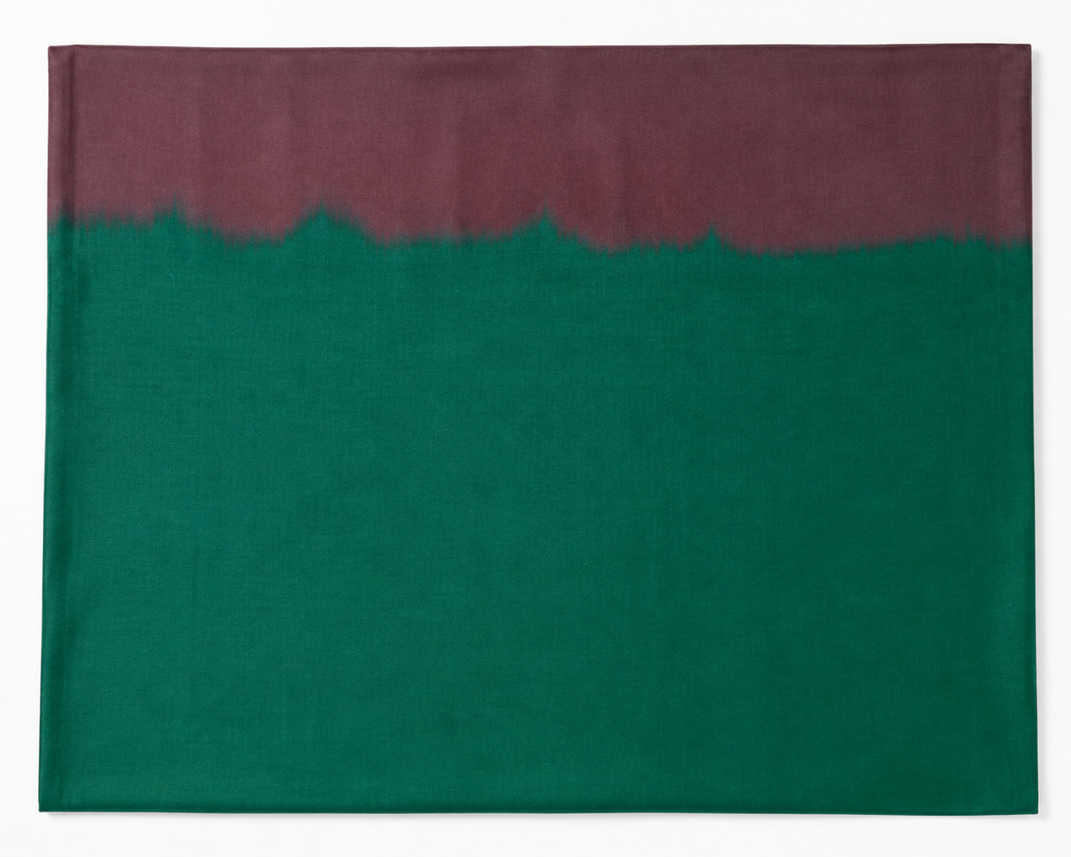 Thulasi unstitched blouse piece in emerald green and deep plum with a soft feathered colour transition