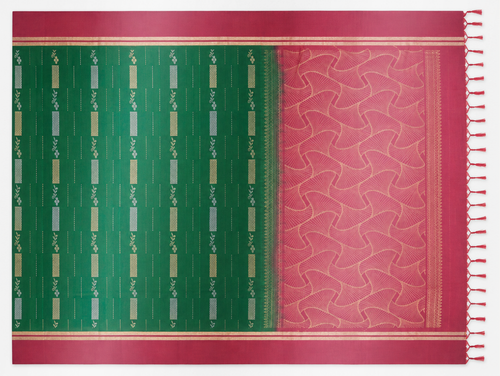 Full flat-lay view of the Vanya saree showing its emerald-green woven body, dusty-rose border and contrasting fan-woven pallu.